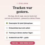ZYKLORA Funktionen: Essensplan, Einkaufsliste, Training, Arztbericht